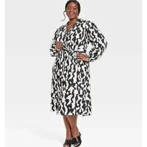 Ava & Viv 4X Dress Button From Black White Belted Collared Balloon Sleeve Pocket